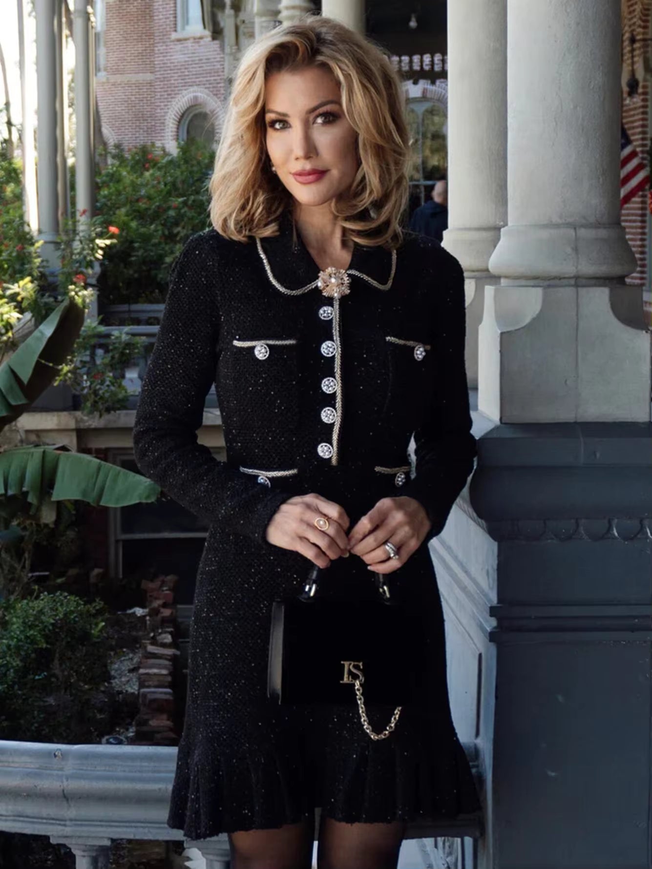 Elegant Lapel Long Sleeved Diamond Button Tweed Mini Dress