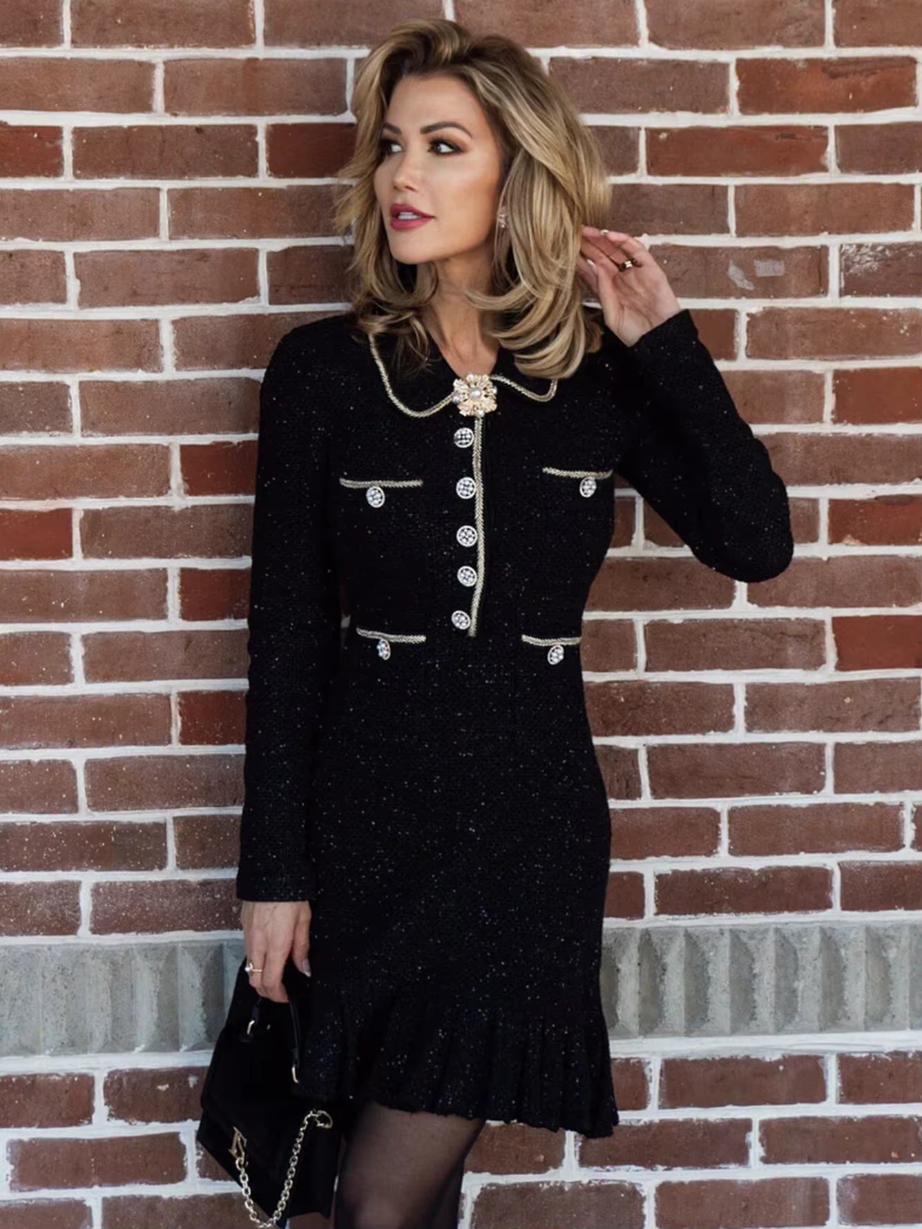 Elegant Lapel Long Sleeved Diamond Button Tweed Mini Dress