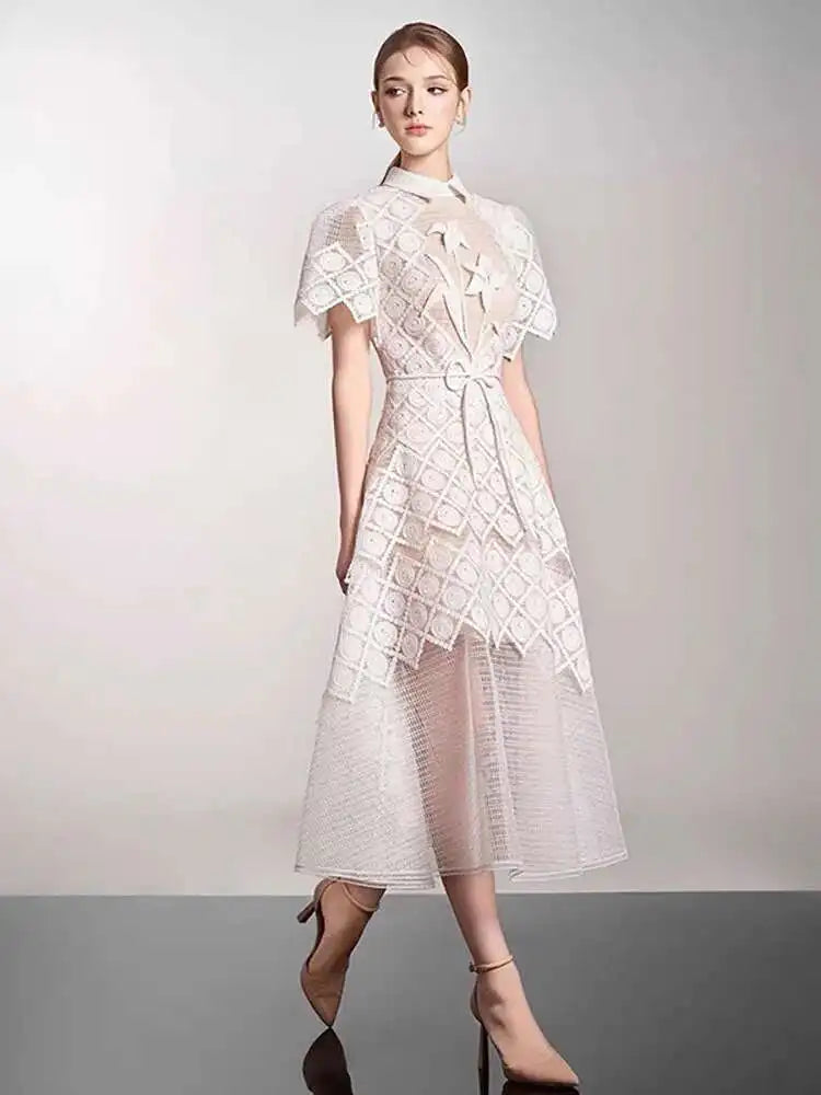 Elegant Lapel Short Sleeve Lace Patchwork 3D Flower Lace-up Party Midi Dresses