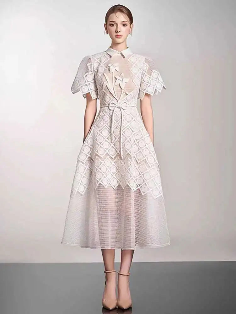 Elegant Lapel Short Sleeve Lace Patchwork 3D Flower Lace-up Party Midi Dresses