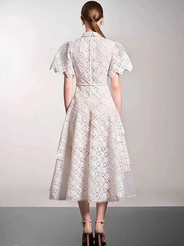 Elegant Lapel Short Sleeve Lace Patchwork 3D Flower Lace-up Party Midi Dresses