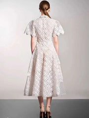 Elegant Lapel Short Sleeve Lace Patchwork 3D Flower Lace-up Party Midi Dresses