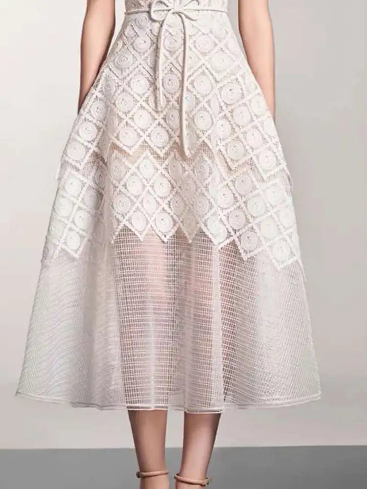 Elegant Lapel Short Sleeve Lace Patchwork 3D Flower Lace-up Party Midi Dresses