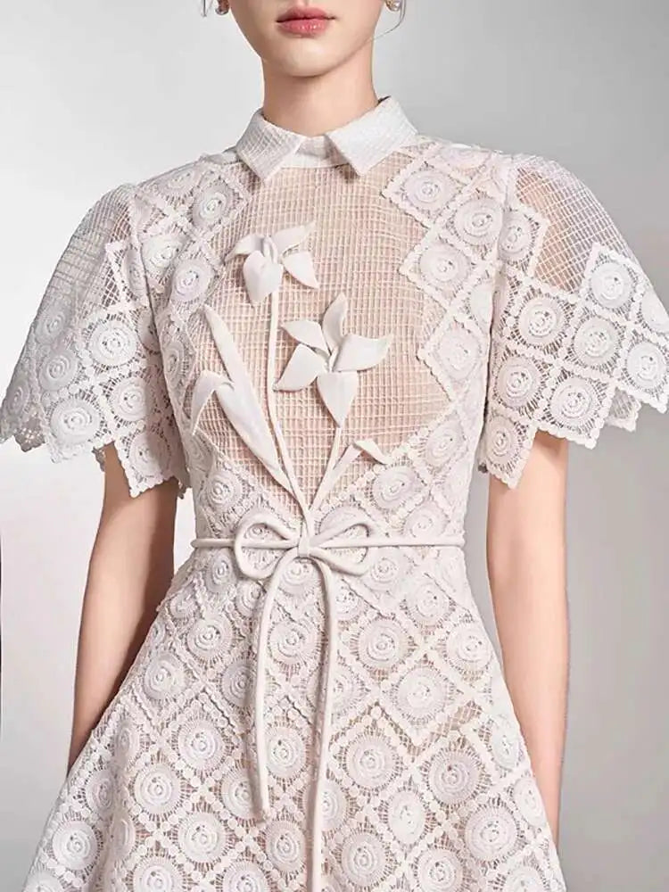 Elegant Lapel Short Sleeve Lace Patchwork 3D Flower Lace-up Party Midi Dresses