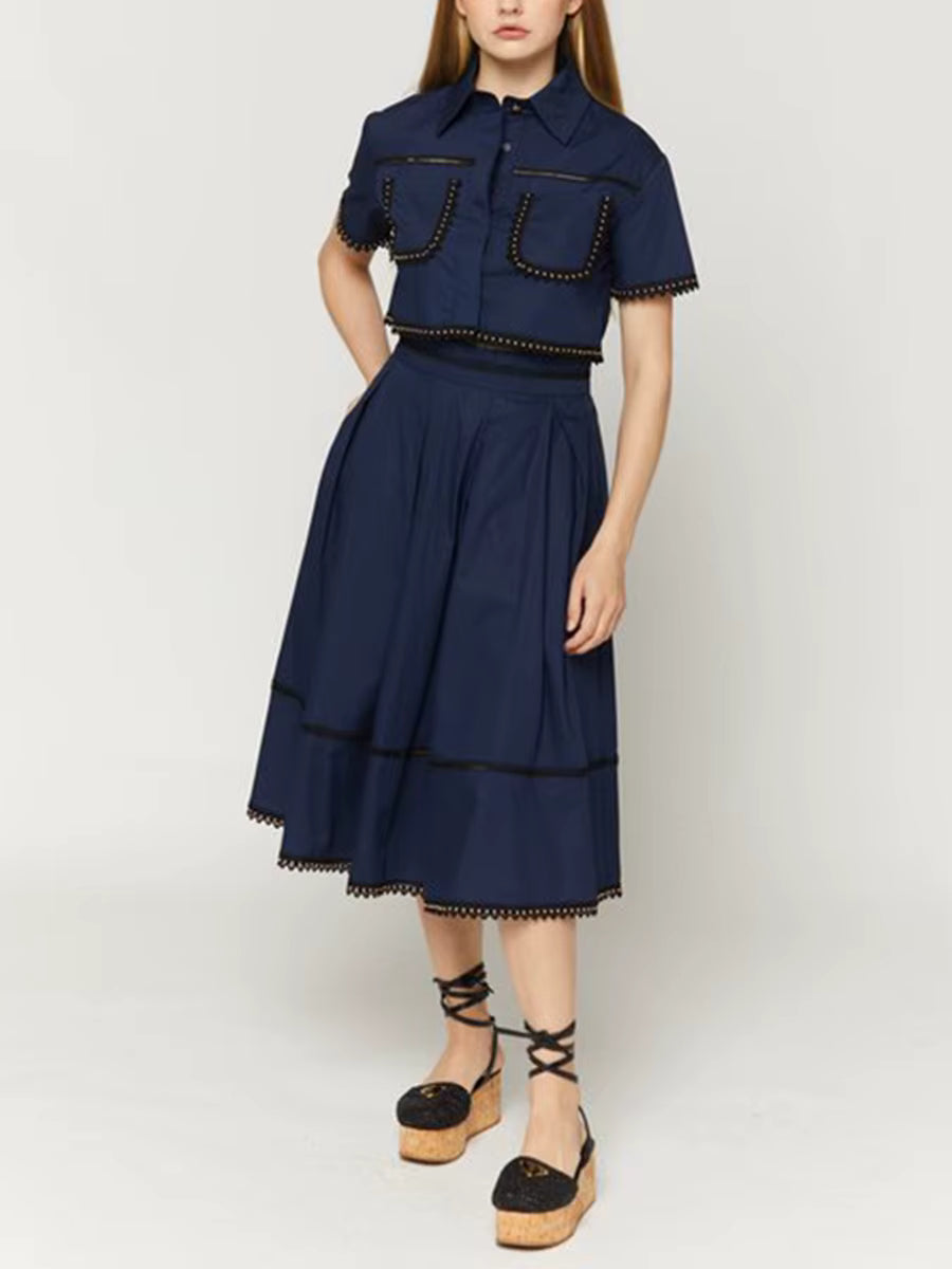 Elegant Lapel Short Sleeve Tops High Waist A-Line Skirt Two Piece Sets