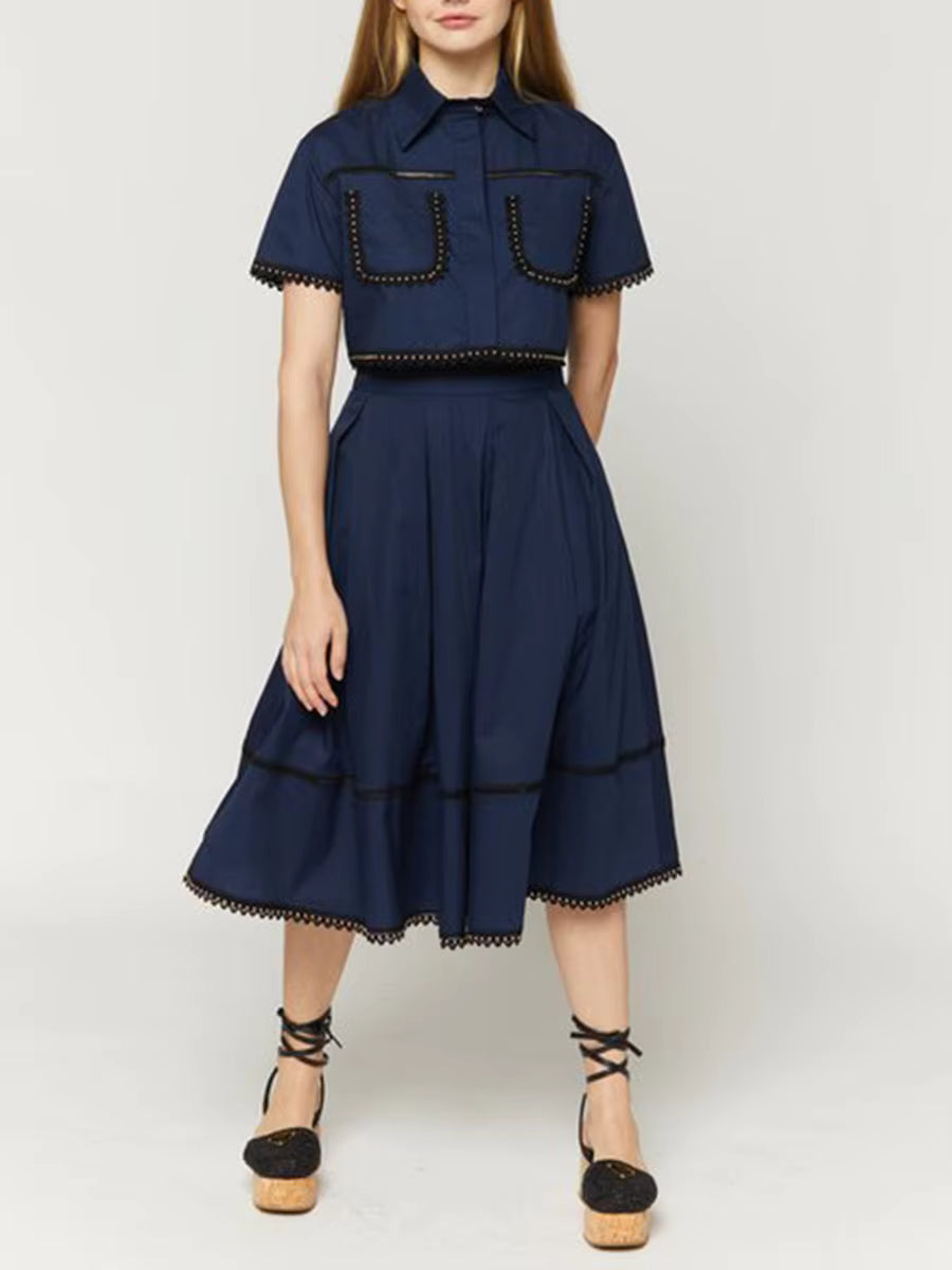 Elegant Lapel Short Sleeve Tops High Waist A-Line Skirt Two Piece Sets