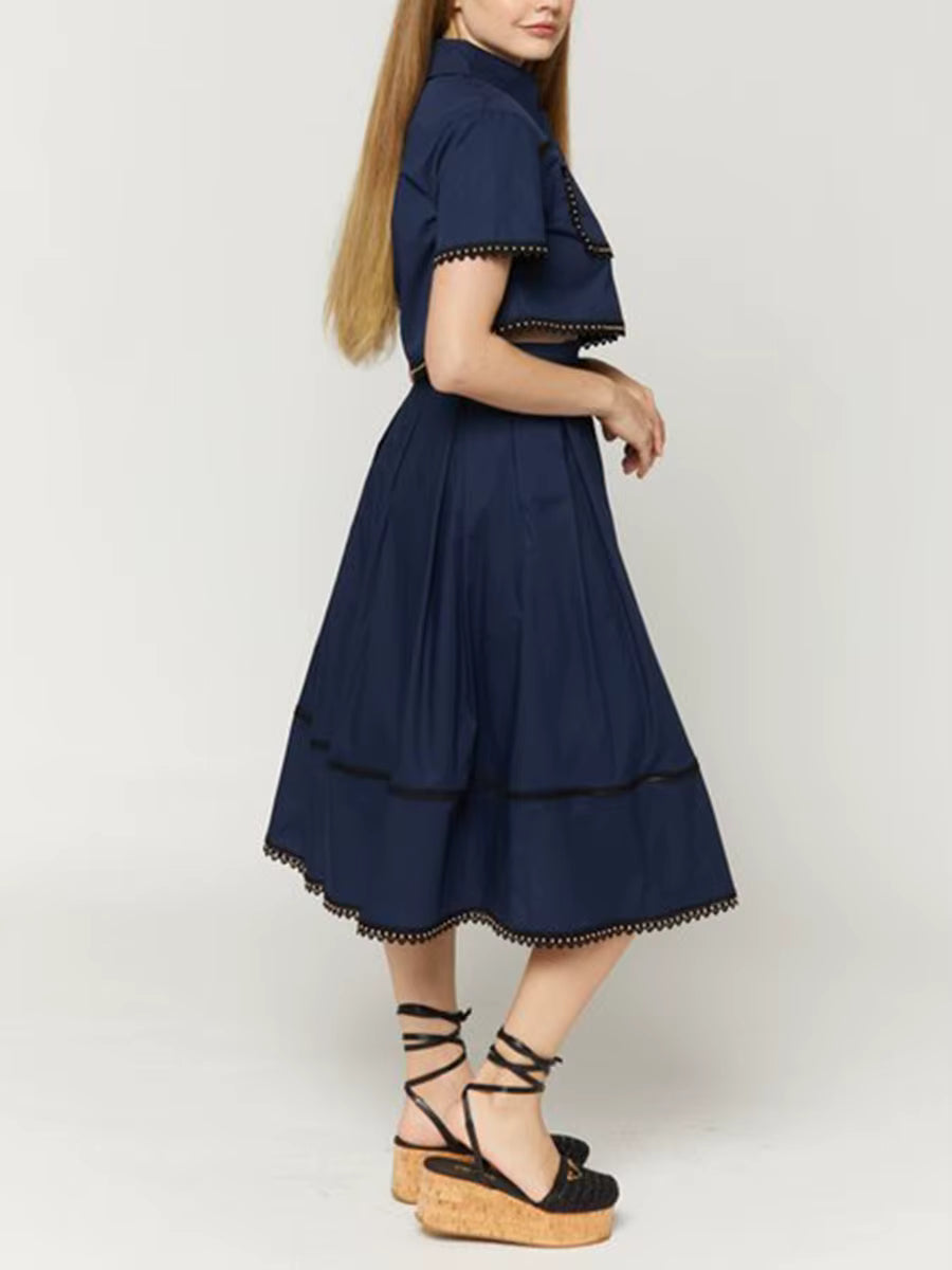 Elegant Lapel Short Sleeve Tops High Waist A-Line Skirt Two Piece Sets