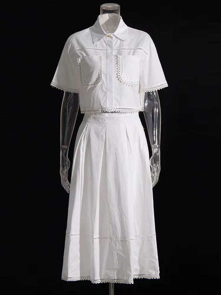 Elegant Lapel Short Sleeve Tops High Waist A-Line Skirt Two Piece Sets