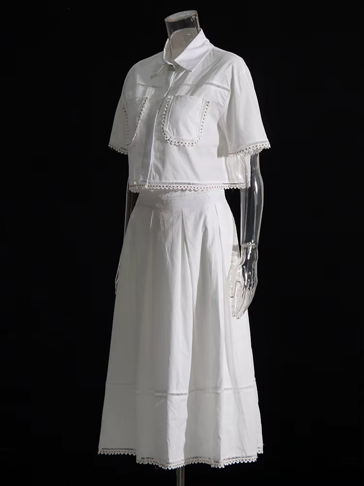 Elegant Lapel Short Sleeve Tops High Waist A-Line Skirt Two Piece Sets