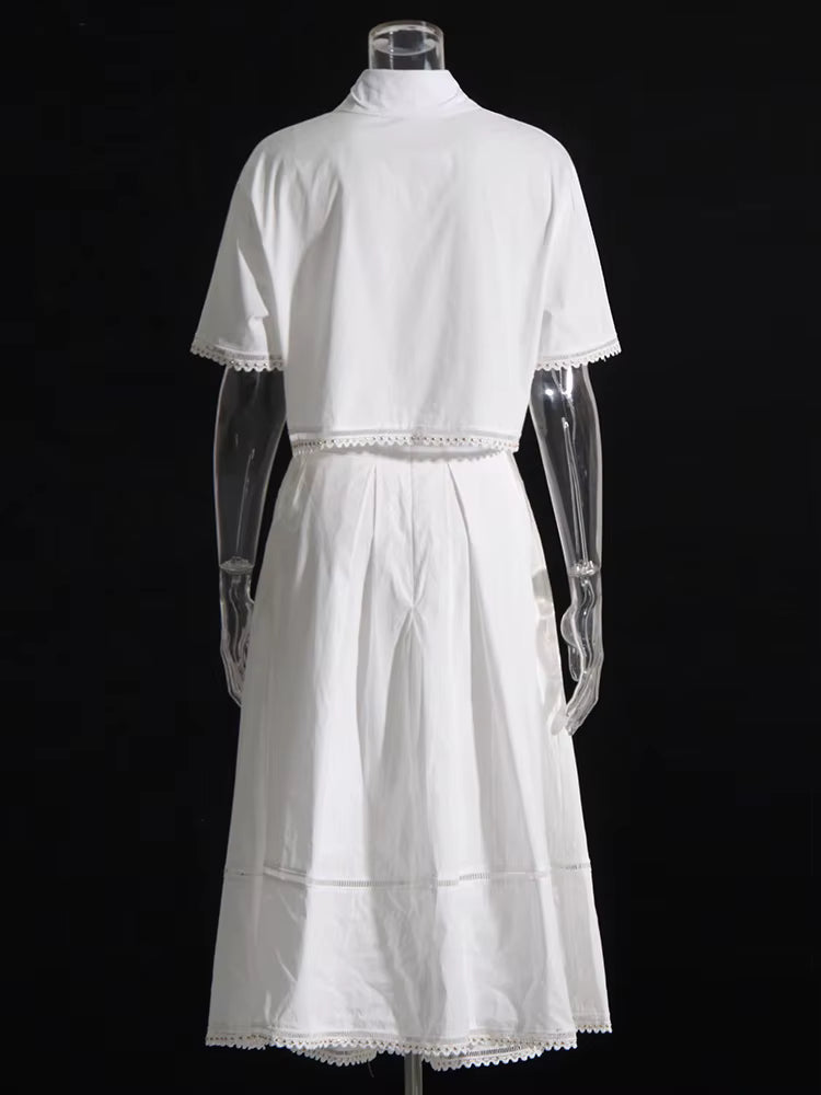 Elegant Lapel Short Sleeve Tops High Waist A-Line Skirt Two Piece Sets