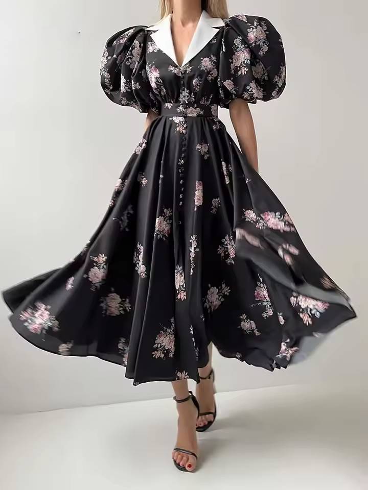 Elegant Lapel Single Breasted Lace-Up Pleated Printed Midi Dress