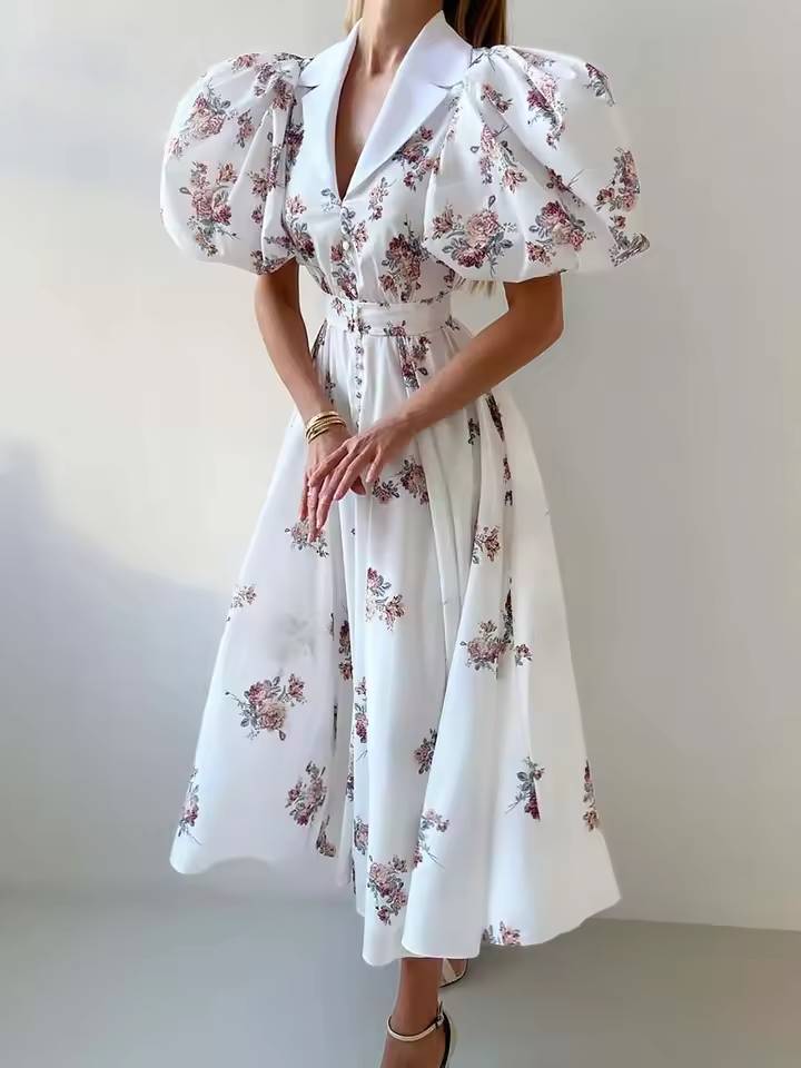 Elegant Lapel Single Breasted Lace-Up Pleated Printed Midi Dress