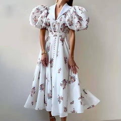 Elegant Lapel Single Breasted Lace-Up Pleated Printed Midi Dress