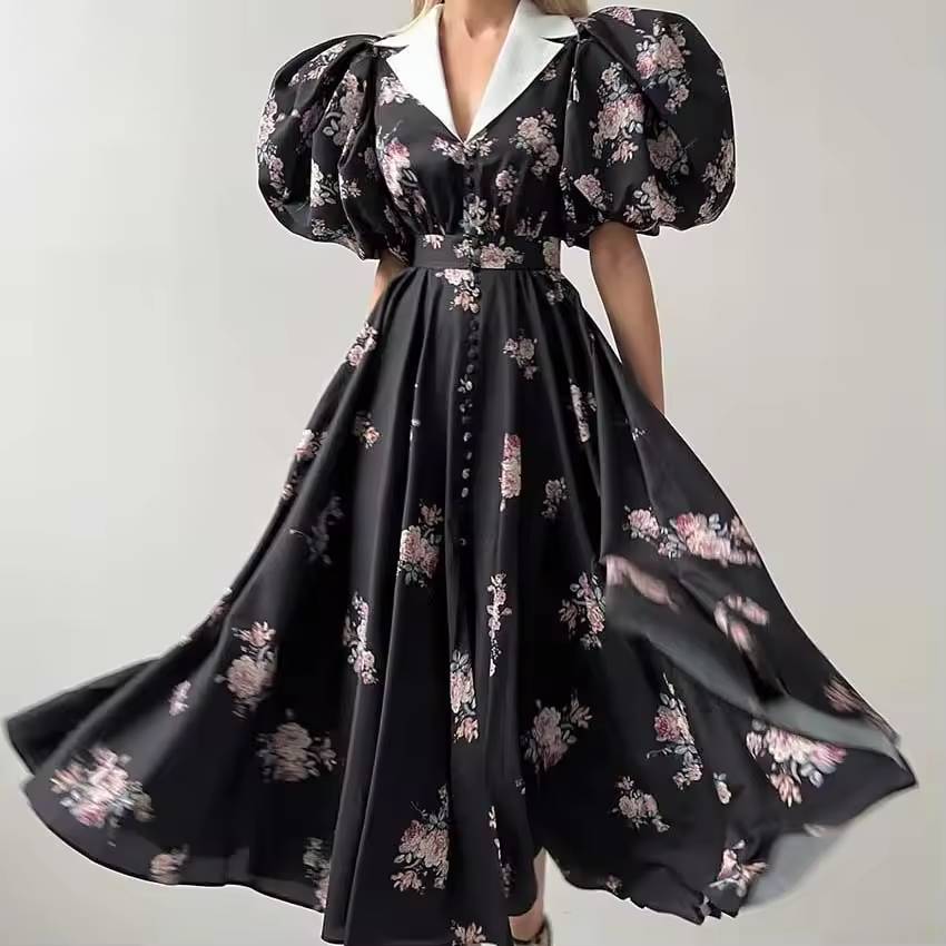 Elegant Lapel Single Breasted Lace-Up Pleated Printed Midi Dress