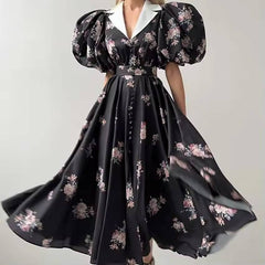 Elegant Lapel Single Breasted Lace-Up Pleated Printed Midi Dress