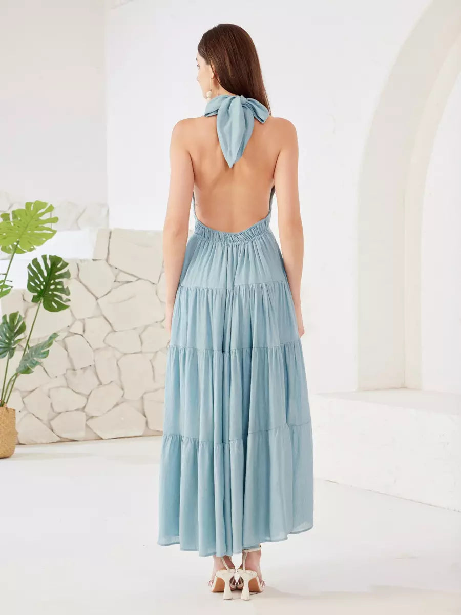 Elegant Layered A-line Halter Neck Boho Sleeveless Long Dress