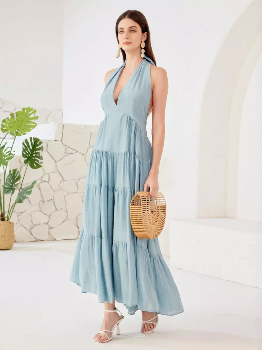Elegant Layered A-line Halter Neck Boho Sleeveless Long Dress