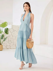 Elegant Layered A-line Halter Neck Boho Sleeveless Long Dress