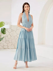 Elegant Layered A-line Halter Neck Boho Sleeveless Long Dress