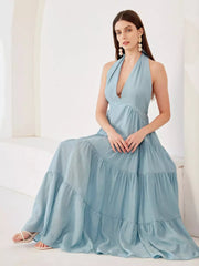 Elegant Layered A-line Halter Neck Boho Sleeveless Long Dress