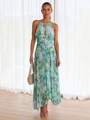 Elegant Layered Pleated Floral Sleeveless Halter Print Maxi Dresses