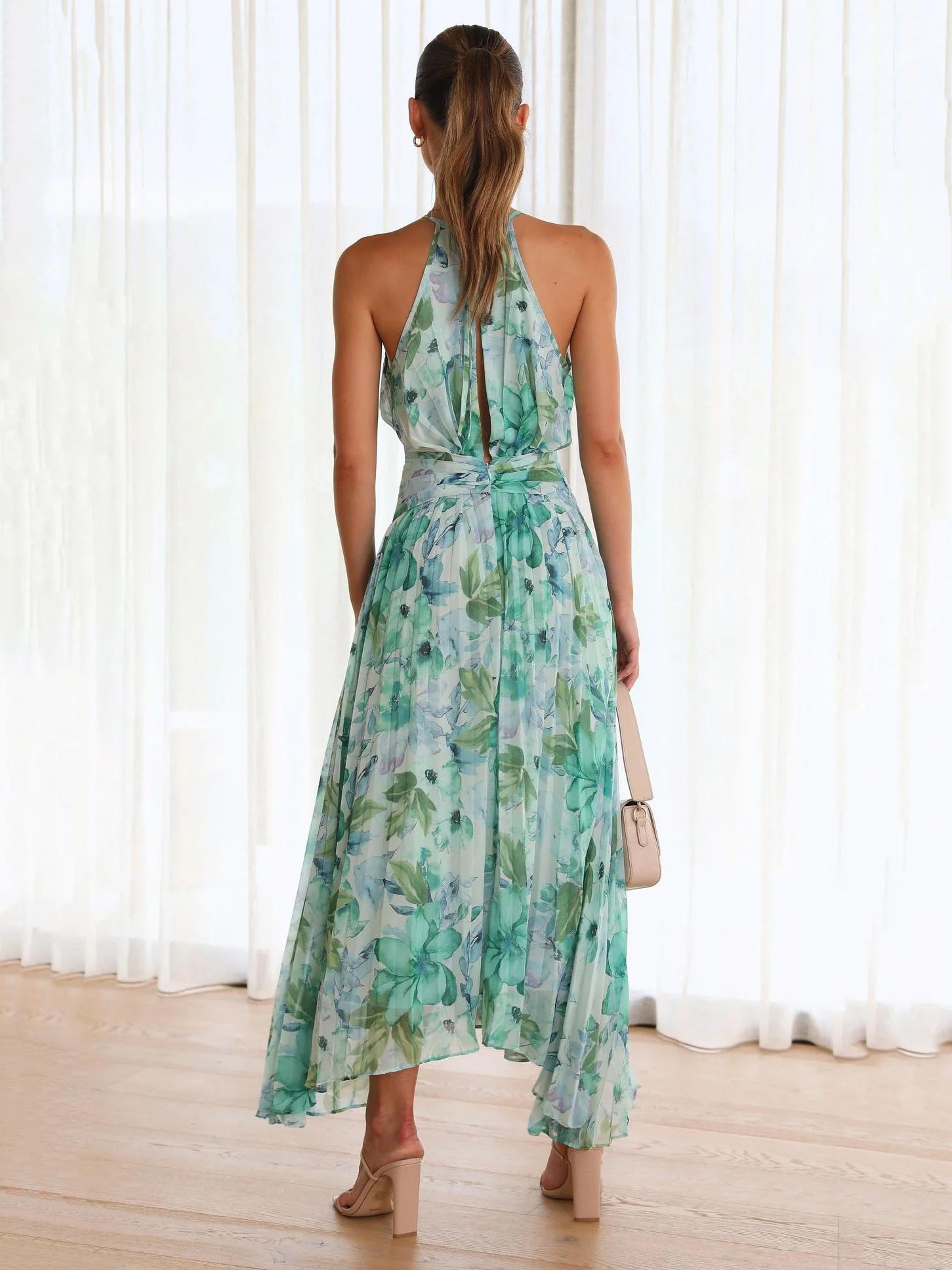 Elegant Layered Pleated Floral Sleeveless Halter Print Maxi Dresses