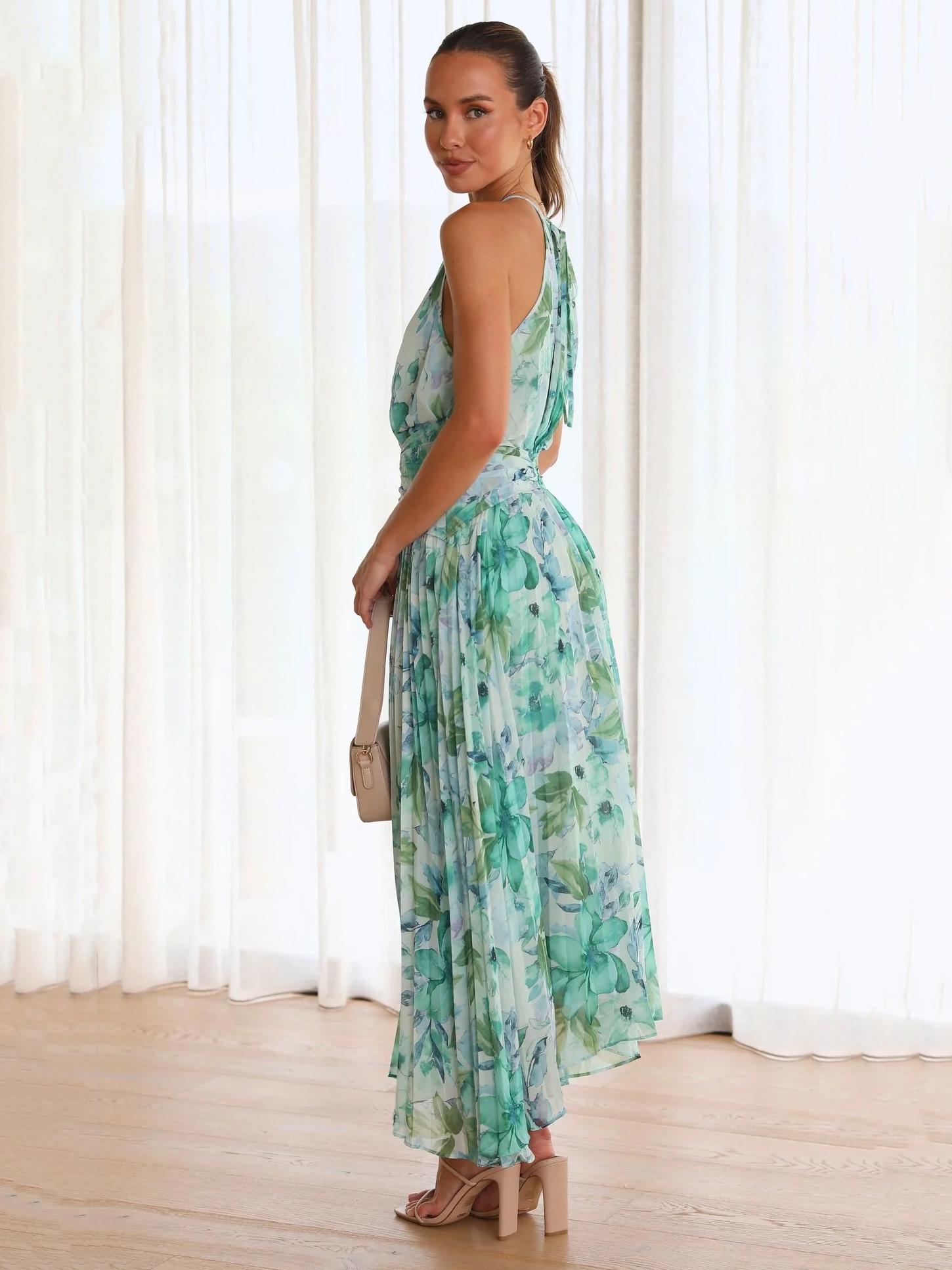 Elegant Layered Pleated Floral Sleeveless Halter Print Maxi Dresses