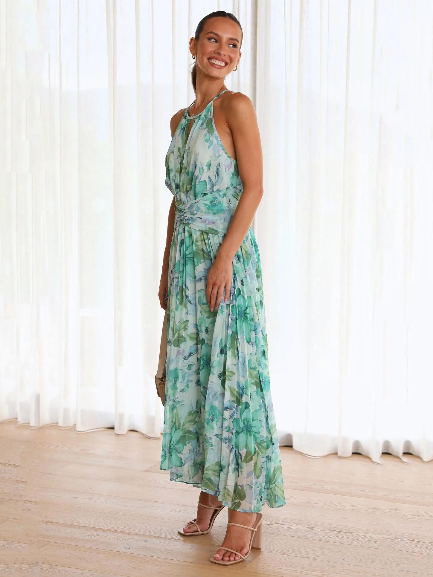 Elegant Layered Pleated Floral Sleeveless Halter Print Maxi Dresses