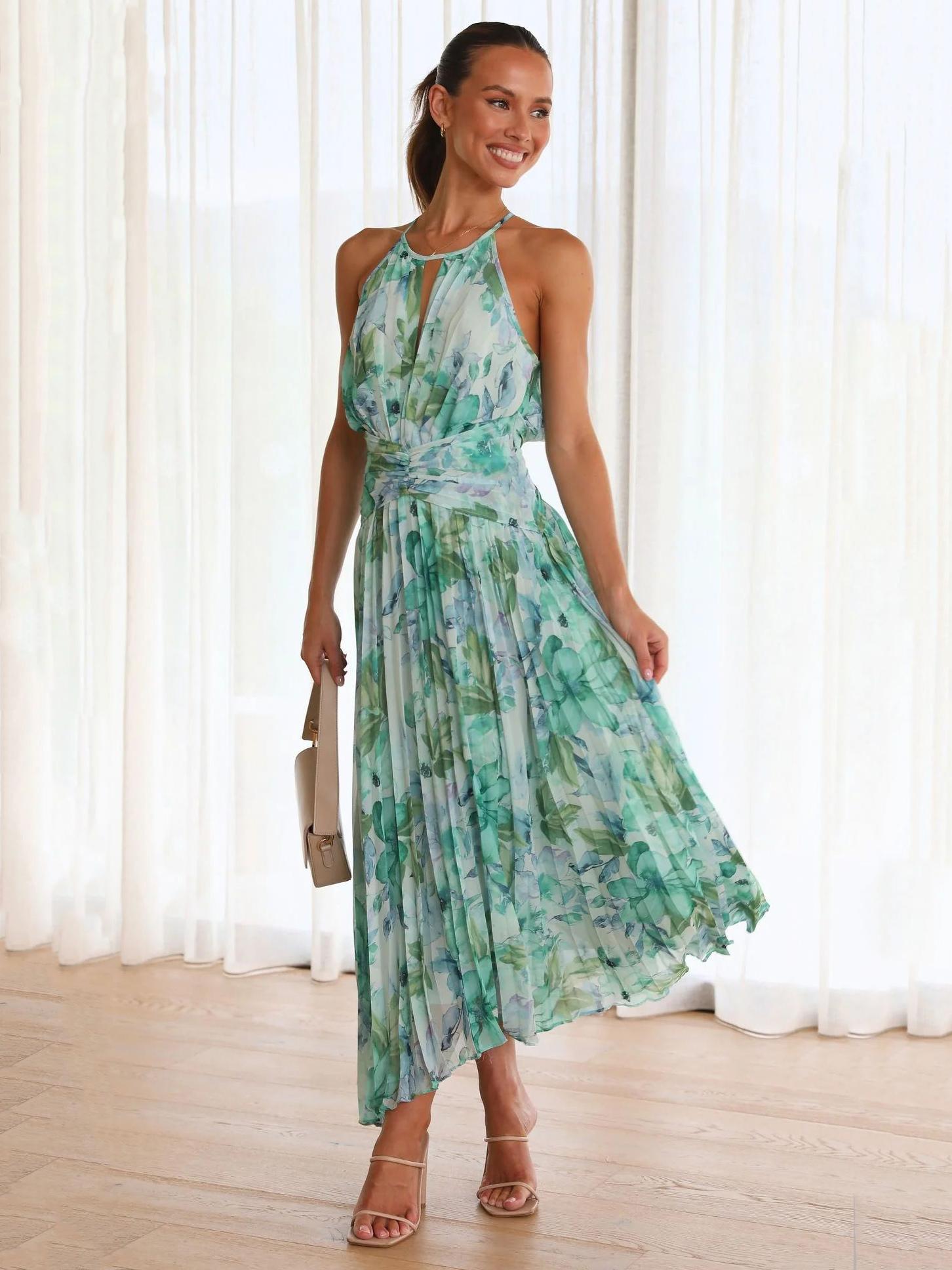 Elegant Layered Pleated Floral Sleeveless Halter Print Maxi Dresses