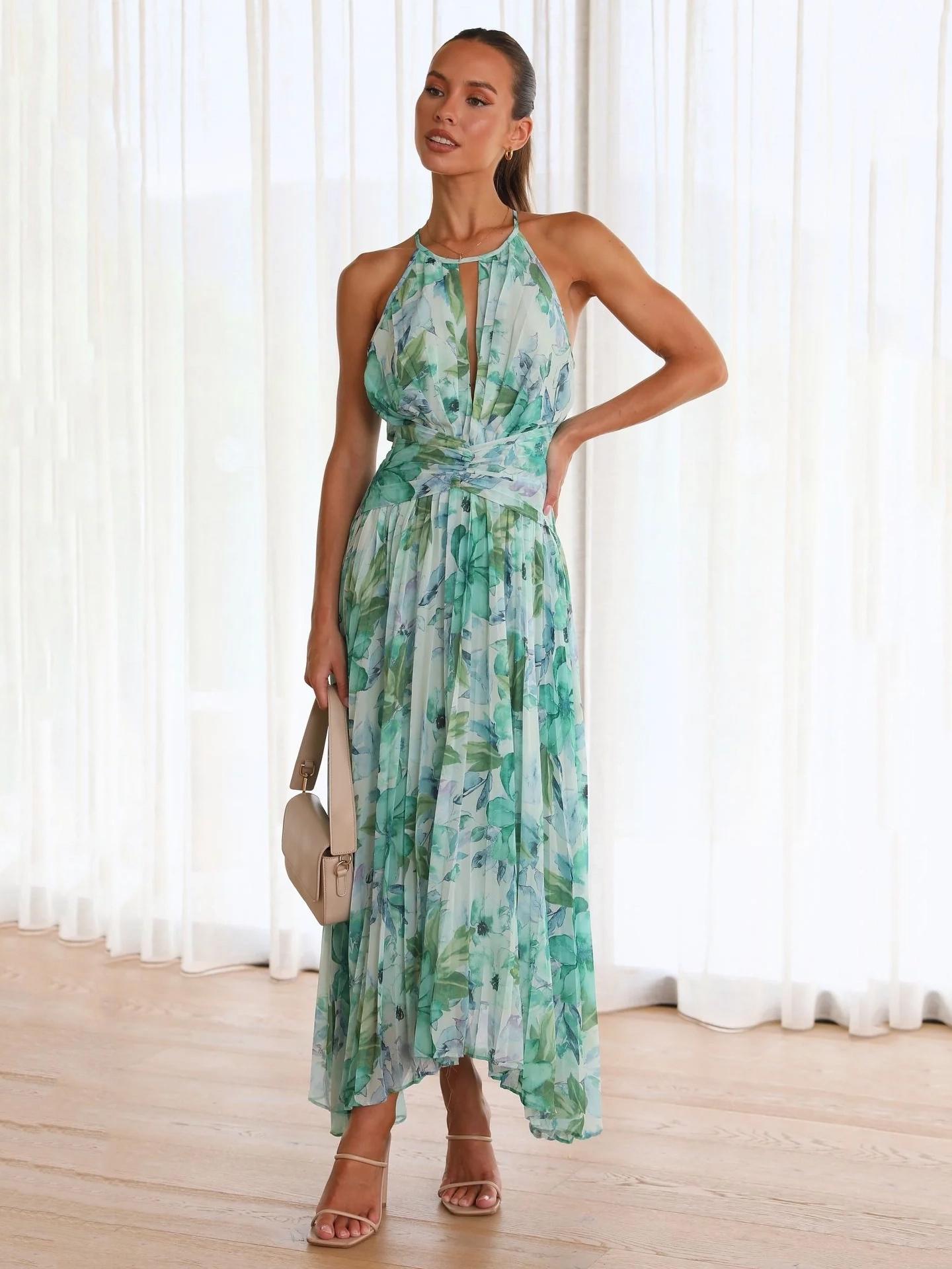 Elegant Layered Pleated Floral Sleeveless Halter Print Maxi Dresses