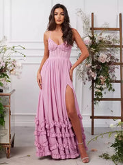 Elegant Layered Ruffles Lace up High Slit Strap Maxi Dress