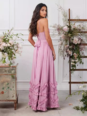 Elegant Layered Ruffles Lace up High Slit Strap Maxi Dress