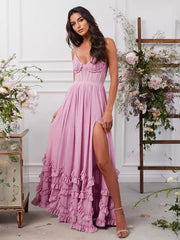 Elegant Layered Ruffles Lace up High Slit Strap Maxi Dress