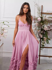 Elegant Layered Ruffles Lace up High Slit Strap Maxi Dress