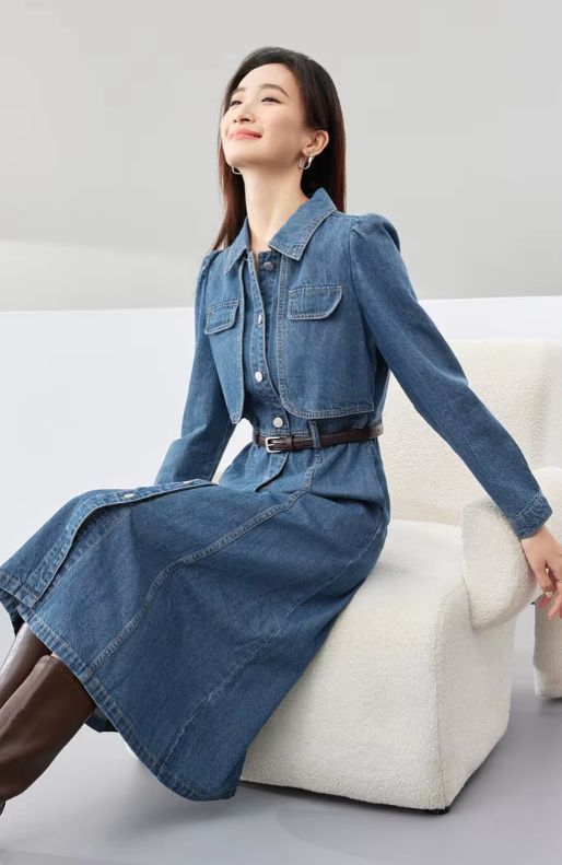 Elegant Leather Belt Single Breasted Long Sleeve Straight Midi Denim Dress