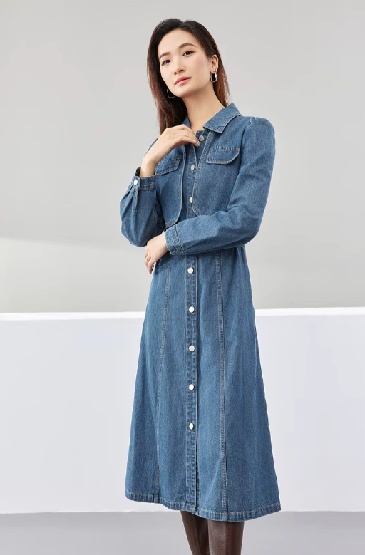 Elegant Leather Belt Single Breasted Long Sleeve Straight Midi Denim Dress