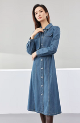 Elegant Leather Belt Single Breasted Long Sleeve Straight Midi Denim Dress