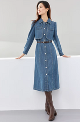 Elegant Leather Belt Single Breasted Long Sleeve Straight Midi Denim Dress