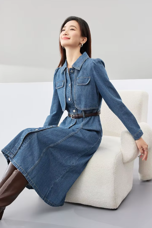 Elegant Leather Belt Single Breasted Long Sleeve Straight Midi Denim Dress