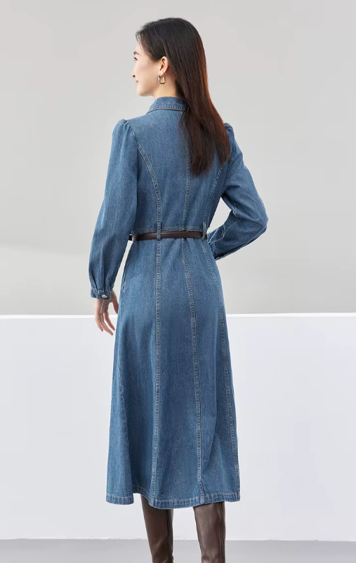 Elegant Leather Belt Single Breasted Long Sleeve Straight Midi Denim Dress