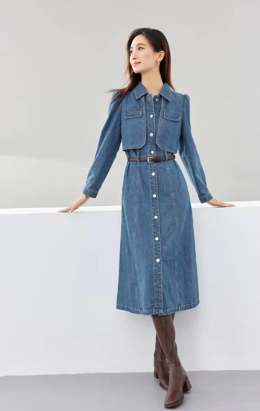 Elegant Leather Belt Single Breasted Long Sleeve Straight Midi Denim Dress