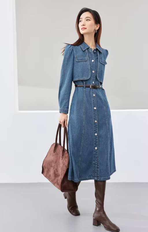 Elegant Leather Belt Single Breasted Long Sleeve Straight Midi Denim Dress