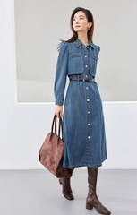 Elegant Leather Belt Single Breasted Long Sleeve Straight Midi Denim Dress