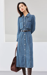 Elegant Leather Belt Single Breasted Long Sleeve Straight Midi Denim Dress