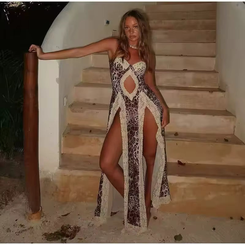Elegant Leopard Print Beach Patchwork Hollow Out Off-shoulder Split Maxi Dress