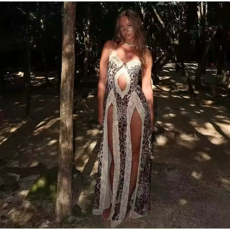 Elegant Leopard Print Beach Patchwork Hollow Out Off-shoulder Split Maxi Dress
