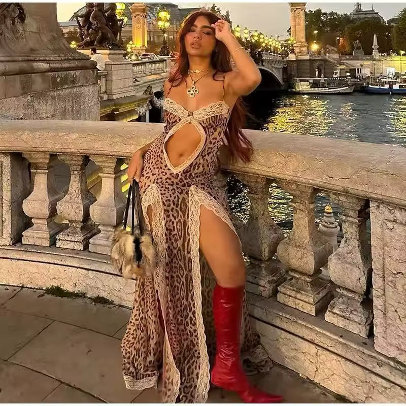 Elegant Leopard Print Beach Patchwork Hollow Out Off-shoulder Split Maxi Dress