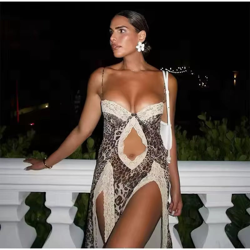 Elegant Leopard Print Beach Patchwork Hollow Out Off-shoulder Split Maxi Dress
