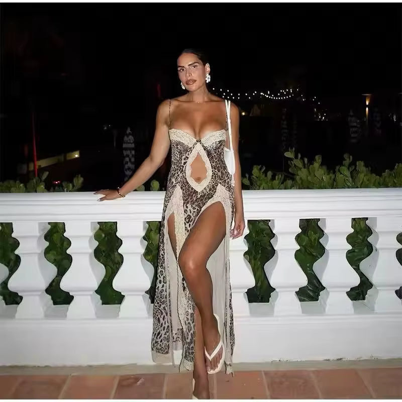 Elegant Leopard Print Beach Patchwork Hollow Out Off-shoulder Split Maxi Dress