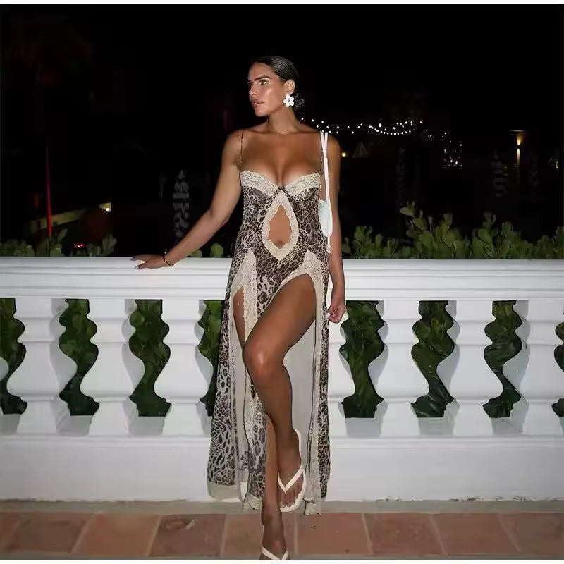 Elegant Leopard Print Beach Patchwork Hollow Out Off-shoulder Split Maxi Dress